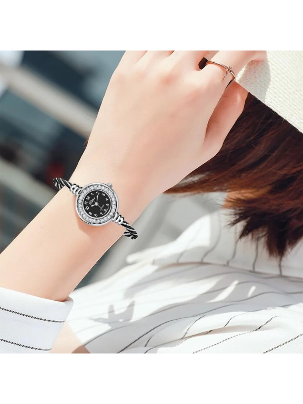 Women Silver And Black Analog Cable Cuff Arabic Number Rhinestone Bracelet Watch - Picture 5 of 7